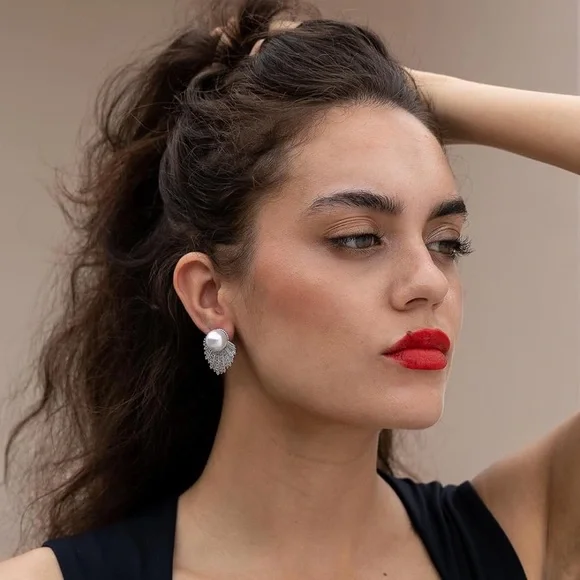 Pearl Cubic Zirconia Cluster Stud Earrings - Picture 4 of 6